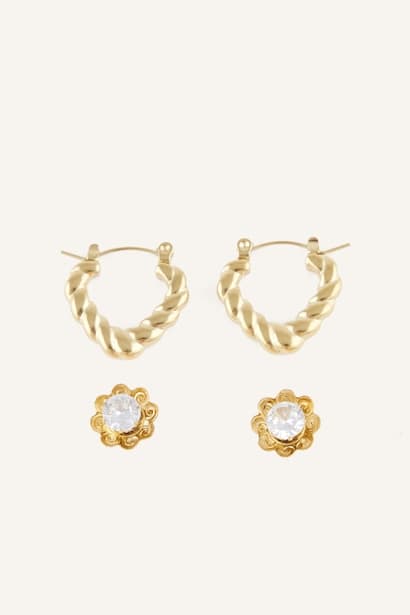 Woman 2 Piece Gold Stainless Steel Stone Earrings Jewellery