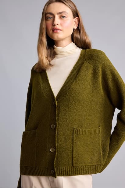 Oversize Fit Basic Pocketed Buttoned Knitted V-Neck Cardigan (3)