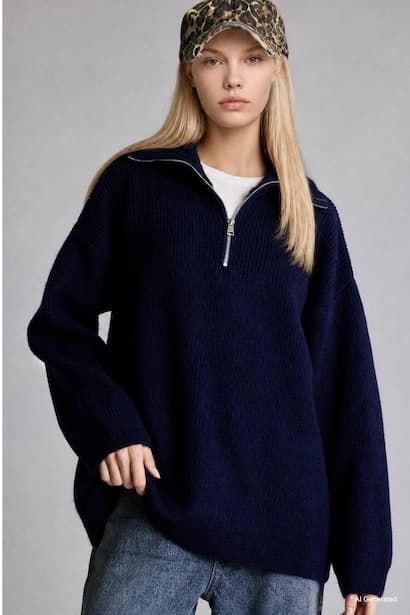 Oversize Fit Navy Blue Polo Collar Zip-Up Sweater Pullover