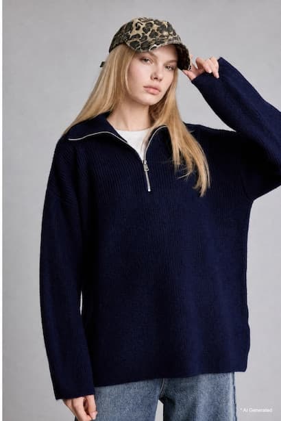 Oversize Fit Navy Blue Polo Collar Zip-Up Sweater Pullover (3)