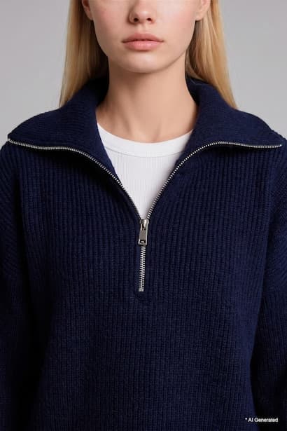 Oversize Fit Navy Blue Polo Collar Zip-Up Sweater Pullover (4)