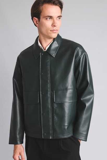 Snap Polo Collar Faux Leather Jacket