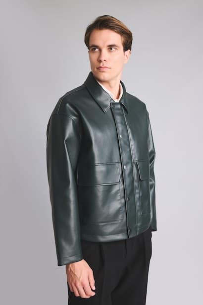Snap Polo Collar Faux Leather Jacket (3)