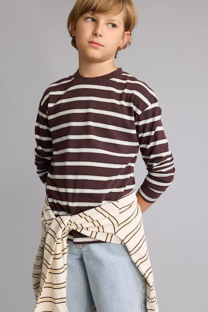 Boy Oversize Fit 100% Cotton Brown Stripped Long Sleeve T-Shirt
