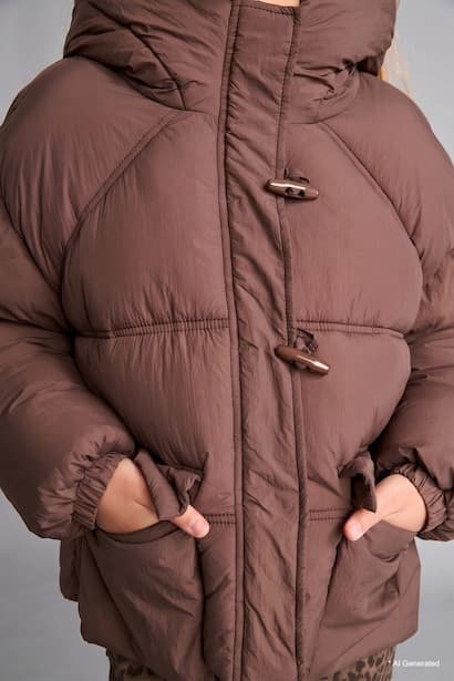 Girl Water-Repellent with Duffle Buttons Hooded Puffer Jacket (3)