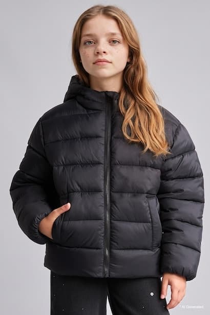 Girl Water-Repellent Pockets Hooded Zip-Up Puffer Jacket