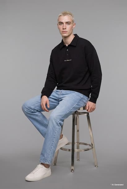 Boxy Fit Embroidered Basic Long Sleeve Polo Collar Sweatshirt (3)