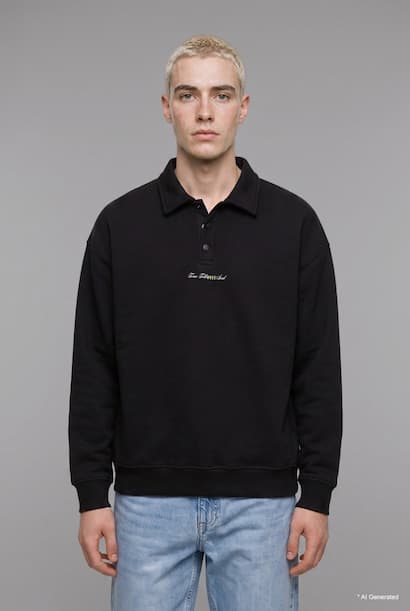 Boxy Fit Embroidered Basic Long Sleeve Polo Collar Sweatshirt (4)