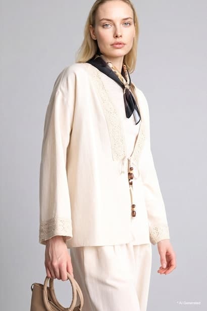 Relax Fit V-Neck Linen Blended Long Sleeve Shirt (٣)