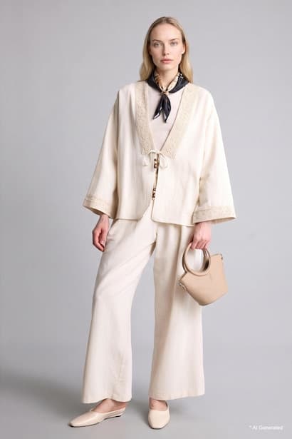 Relax Fit V-Neck Linen Blended Long Sleeve Shirt (٤)