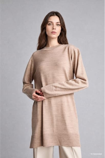 Regular Fit Crew Neck Beige Knit Tunic (3)