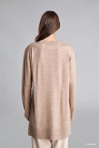 Regular Fit Crew Neck Beige Knit Tunic (4)