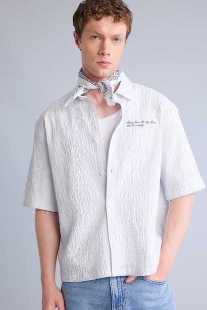 Boxy Fit Shirt Collar Printed Crinkle Short Sleeve Shirt