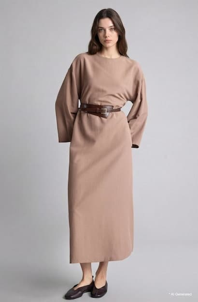 Loose Fit Crew Neck Linen Blended Dress (4)