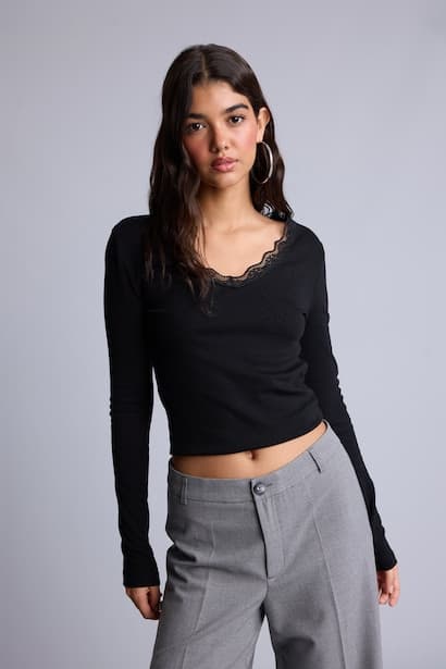 Fitted Fit Long Sleeve Lace Collar T-Shirt (3)