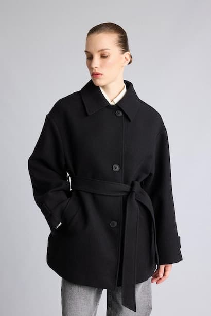 Regular Fit Belted Wool Blend Coat with Button Closure Overcoat