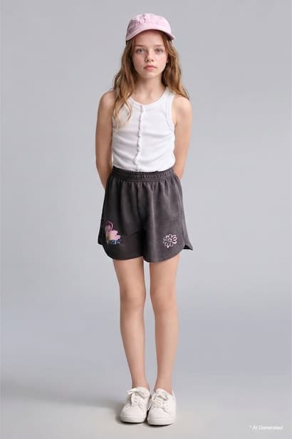 Girl Elastic Waist Embroidery Detail Shorts