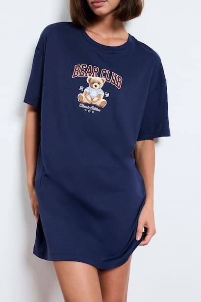 100% Cotton Regular Fit Teddy Bear Print Nightgown Homewear (٣)