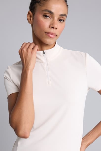 Standard Fit Basic Short Sleeve High Neck Zip-Up Sports T-Shirt