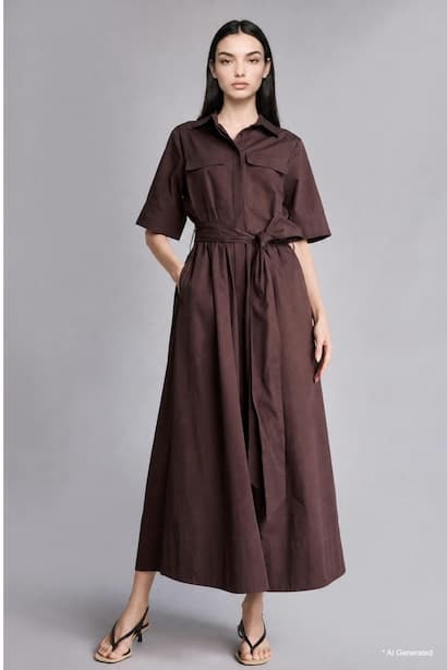 Sleeveless Shirt Collar Poplin Midi Dress