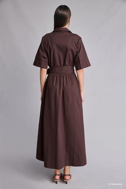 Sleeveless Shirt Collar Poplin Midi Dress (٤)