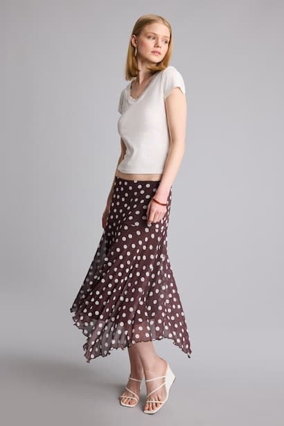 Regular Waist Asymmetrical Checked Tulle Midi Skirt