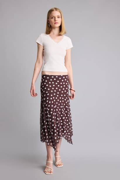 Regular Waist Asymmetrical Checked Tulle Midi Skirt (3)