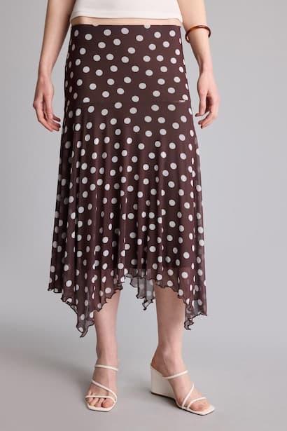 Regular Waist Asymmetrical Checked Tulle Midi Skirt (4)