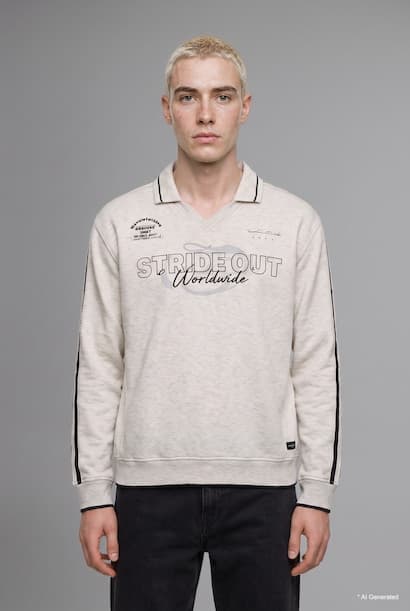 Boxy Fit Printed Polo Collar Sweatshirt