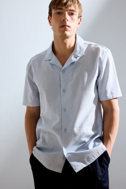 Regular Fit Shirt Collar Linen Blended Short Sleeve Shirt