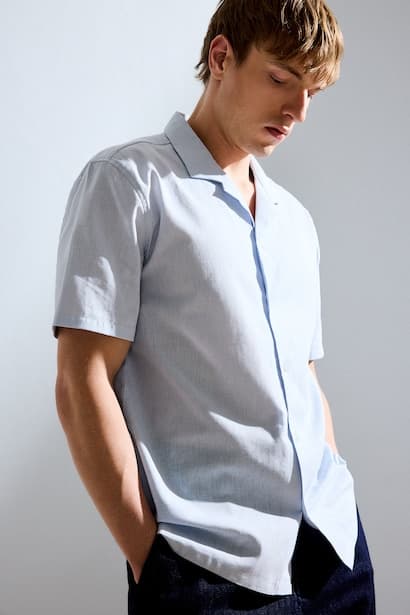 Regular Fit Shirt Collar Linen Blended Short Sleeve Shirt (3)