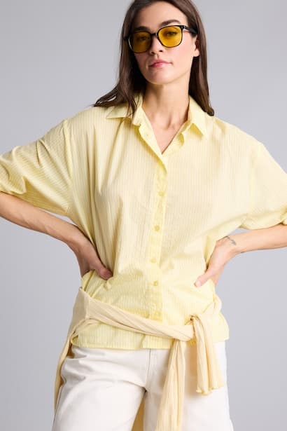 Oversize Fit Shirt Collar Voile Striped Long Sleeve Shirt