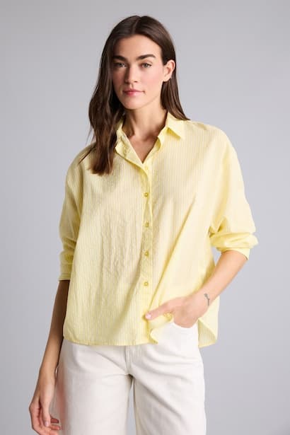Oversize Fit Shirt Collar Voile Striped Long Sleeve Shirt (3)