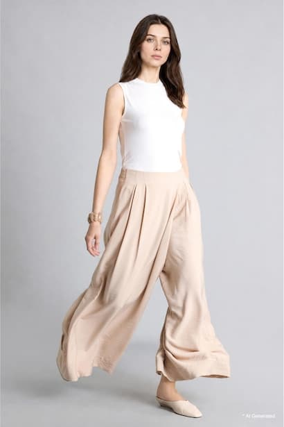 Folded Wide Leg Pleated Beige Trousers