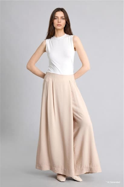 Folded Wide Leg Pleated Beige Trousers (3)