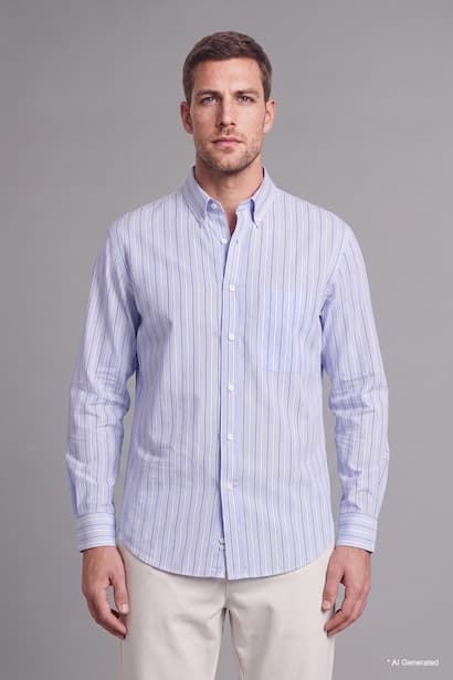 Relaxed Fit Light Blue Striped Cotton Long Sleeve Shirt (٣)