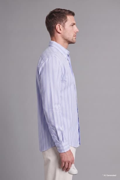 Relaxed Fit Light Blue Striped Cotton Long Sleeve Shirt (٤)