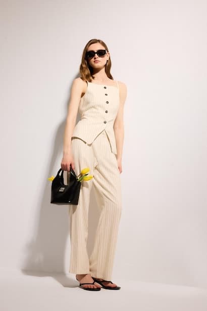 Culotte Three-Pocket Regular Waist Linen Blend Striped Trousers (2)