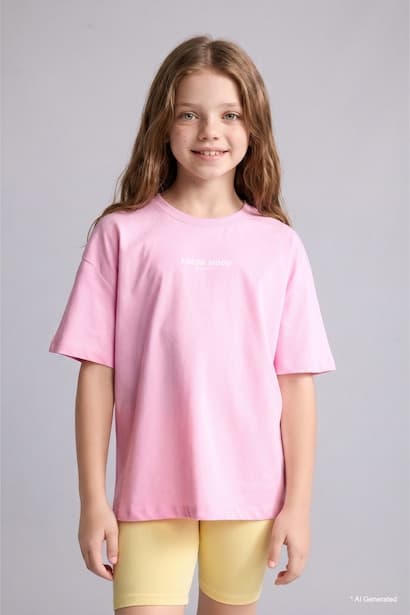 Girl Crew Neck Printed Short Sleeve Pink T-Shirt