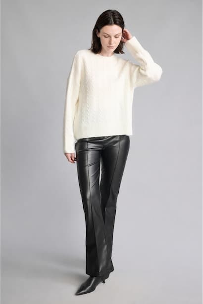 Flared Fit Normal Waist Pockets Faux Leather Trousers