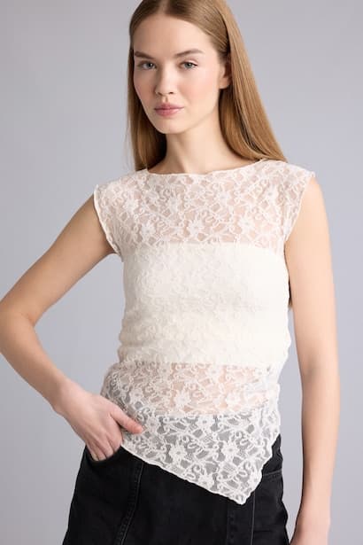 Slim Fit Crew Neck Lace Short Sleeve T-Shirt (٣)