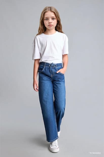 Girl Elastic Waist Wide Leg Jeans