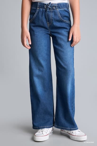 Girl Elastic Waist Wide Leg Jeans (٣)