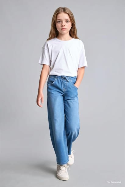 Girl Elastic Waist Wide Leg Jeans