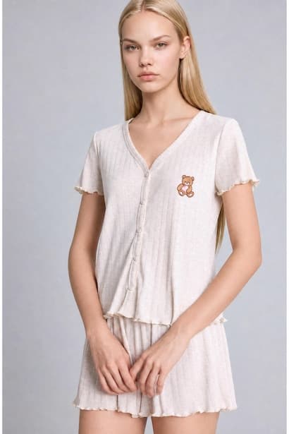 Regular Fit Heather Beige Short Sleeve Pajama Top and Shorts Set Homewear Set (٣)