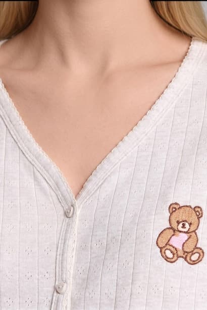 Regular Fit Heather Beige Short Sleeve Pajama Top and Shorts Set Homewear Set (٤)