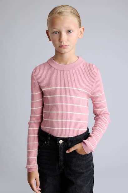 Girl Striped Ribbed Crew Neck Pullover