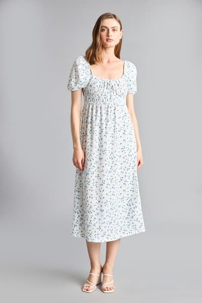 Square Collar Printed Midi Dress