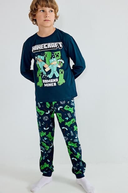 Boy 100% Cotton Minecraft Diamond Miner Top Bottoms 2 Piece Pyjama Set Homewear