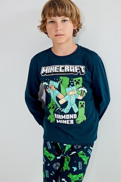 Boy 100% Cotton Minecraft Diamond Miner Top Bottoms 2 Piece Pyjama Set Homewear (٣)